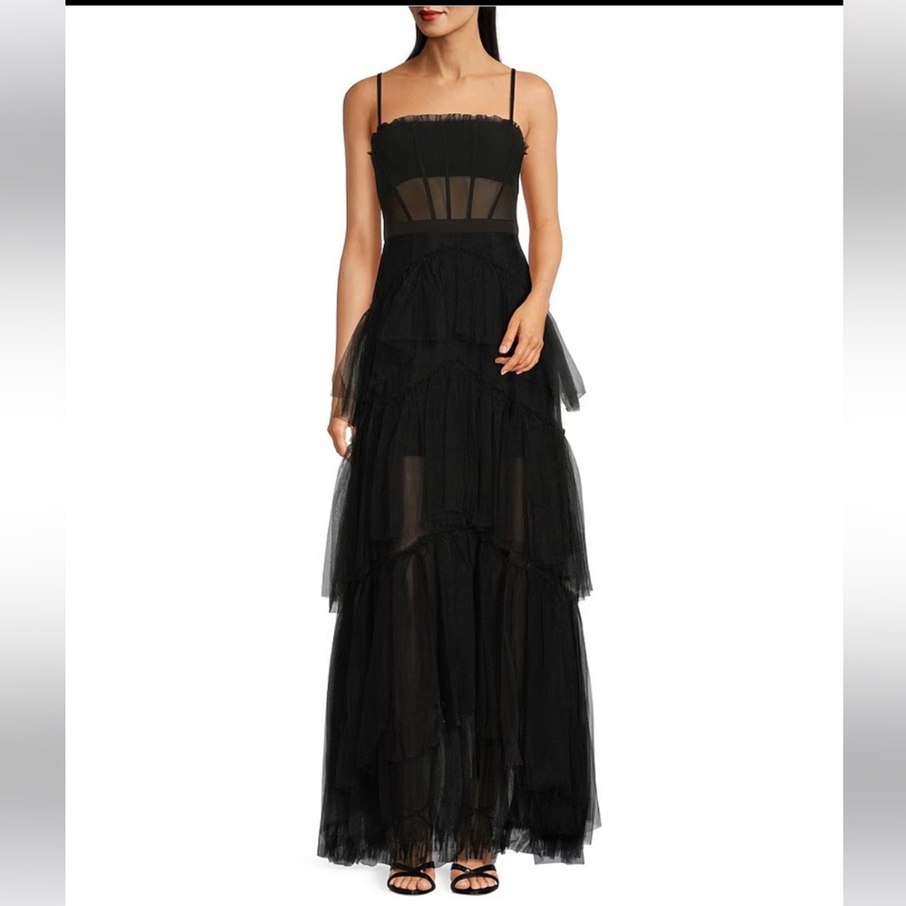 Betsy & Adam Illusion Tiered Ruffled Tulle Square Neck Mesh Sleeveless Gown